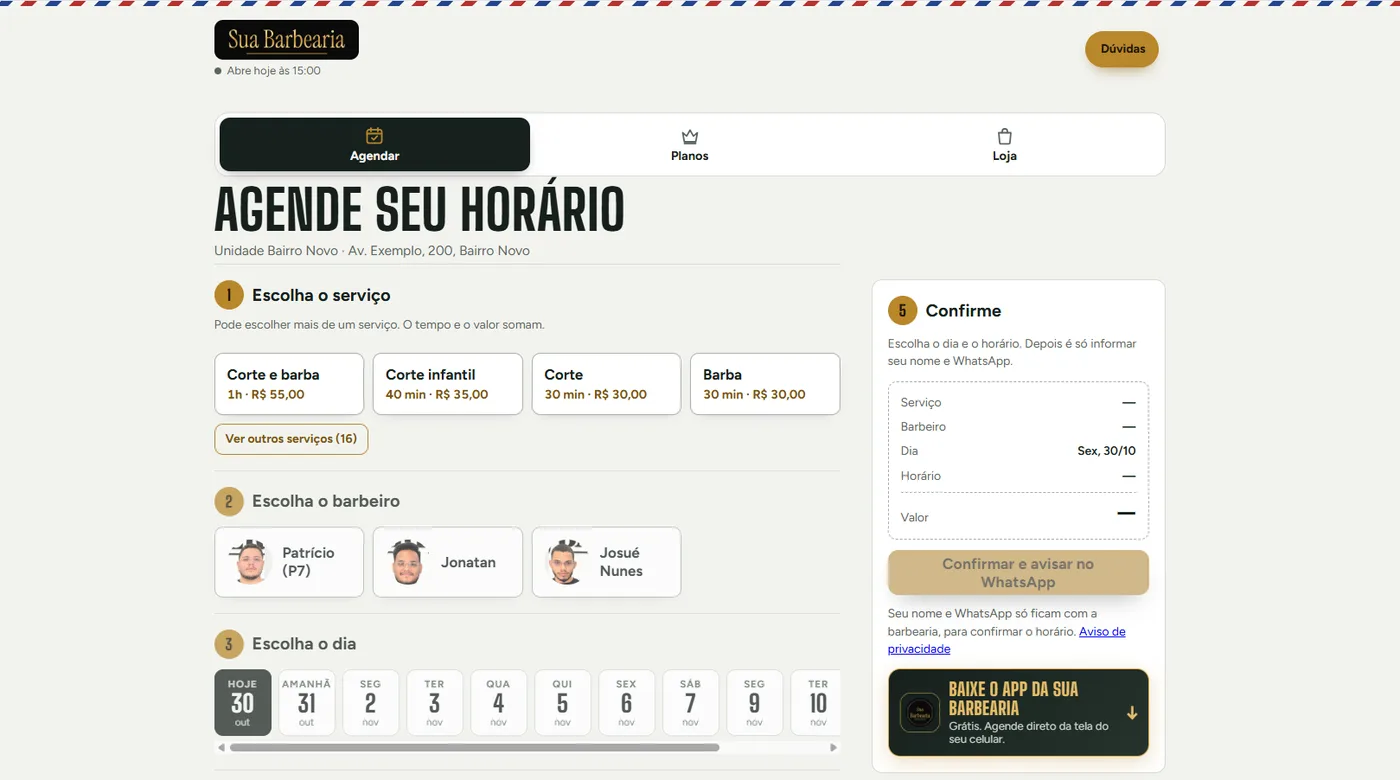Tela do Trayvia.Barber360: agendamento online da barbearia